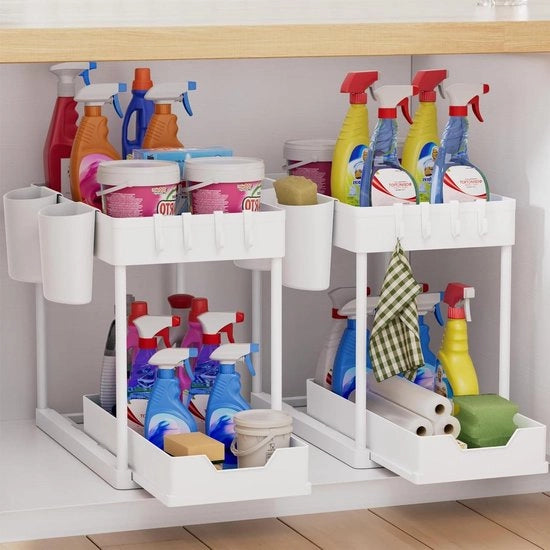 Organizzatore cucina 2 piani - Sotto il lavandino ripiano - Gancio e coperchio - Ripiano erbe - Organizzatore lavandino - Organizzatore cucina - Cassetto organizzatore - Per cucina e bagno - Bianco - 2 set