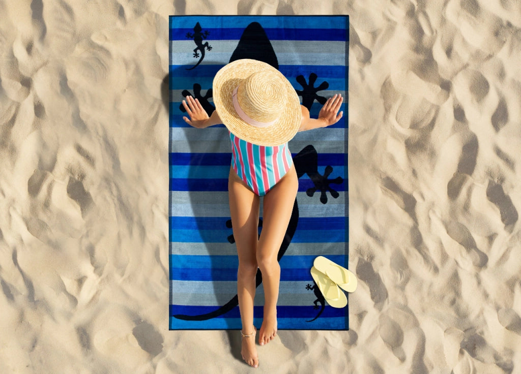 Telo Mare Jacquard Spugna Asciugamano Spiaggia Disegno Geko Stripe - Telo Mare - Blu