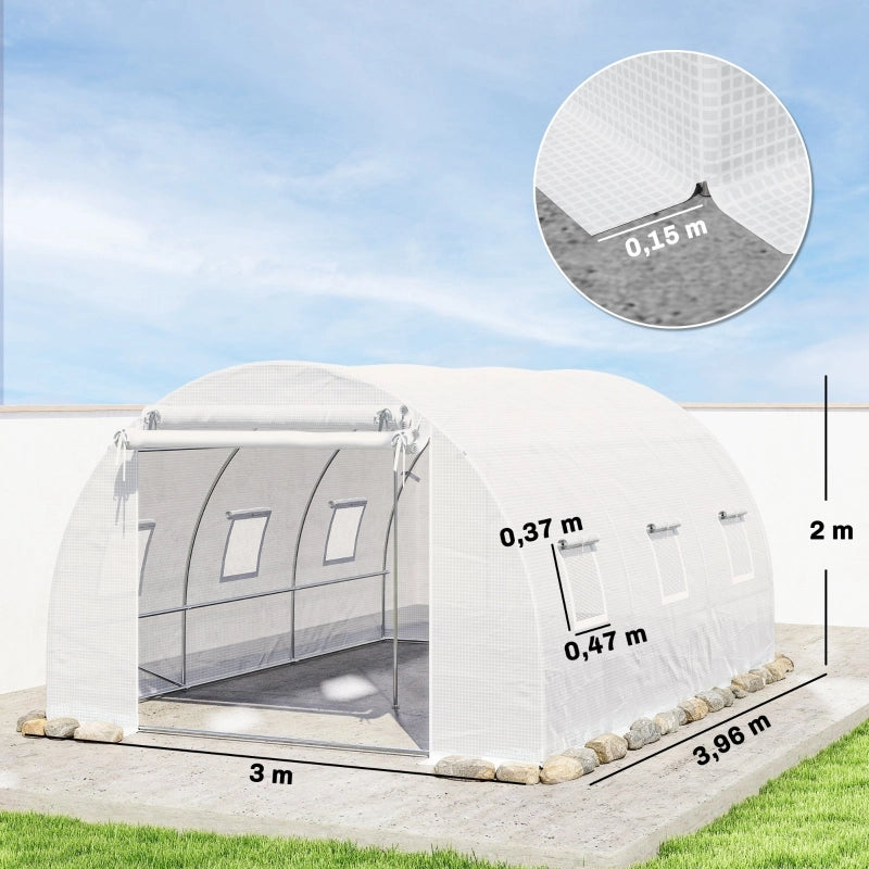 Serra tunnel in PE con struttura in acciaio zincato, porta a rete e finestre, bianco