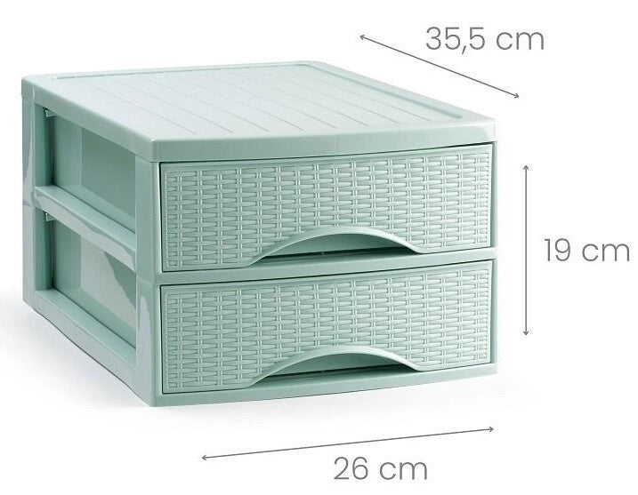 Cassettiera Organizer Effetto Rattan 2 Cassetti Verde 26 x 35 x 19 cm