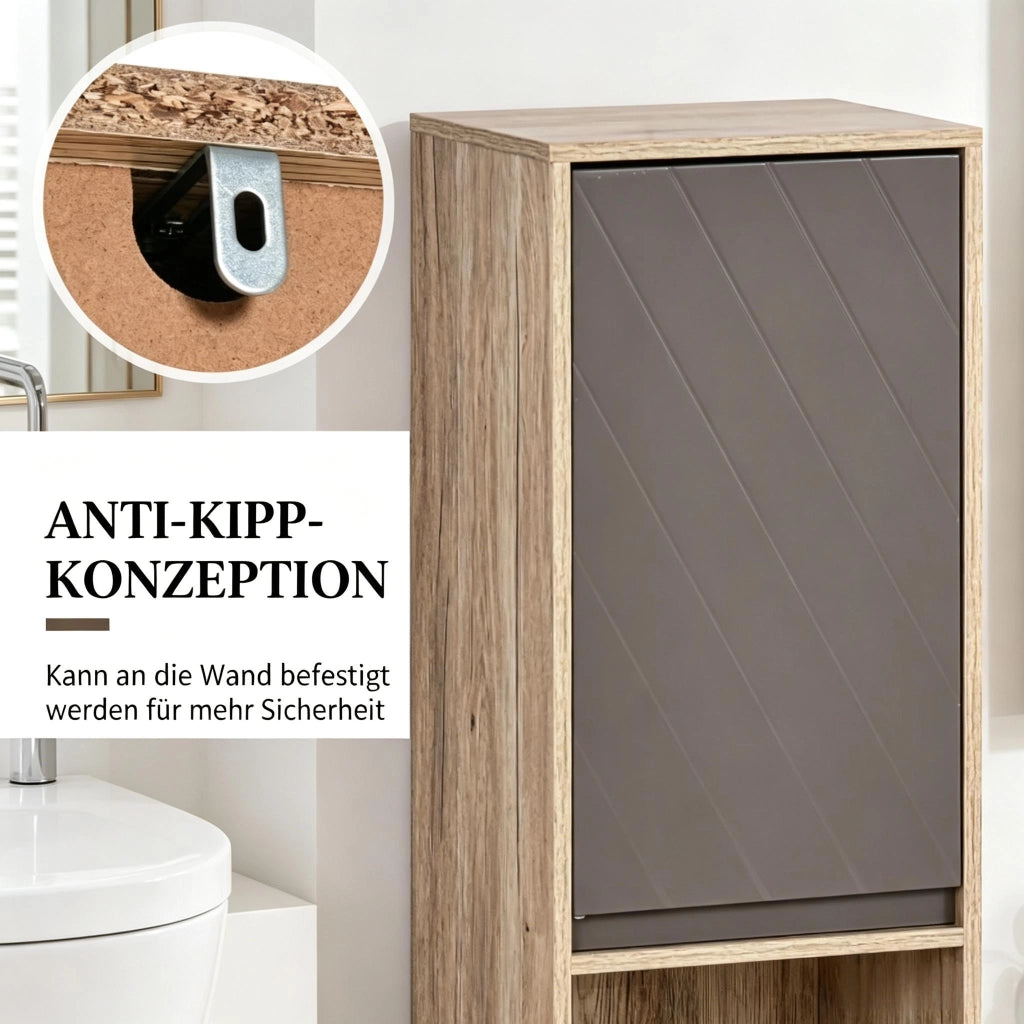 Armadietto da bagno alto e stretto con 2 ante, 2 vani aperti e ripiani regolabili, in MDF e truciolare, grigio rovere