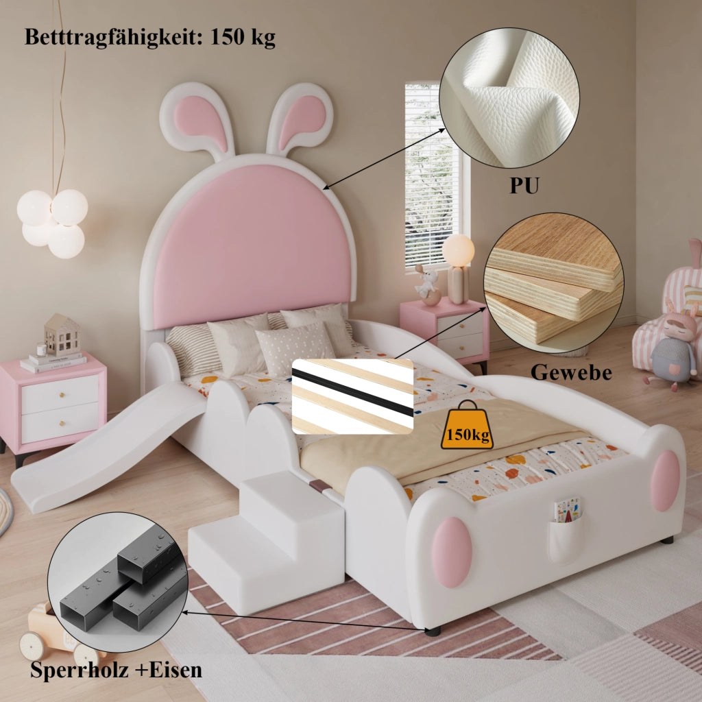 Letto singolo imbottito per bambini con scivolo e scaletta; orecchie da coniglio; PU bianco e rosa; 90x200 cm