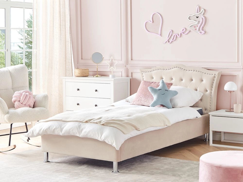 Letto singolo con contenitore in velluto beige 90 x 200 cm camera da letto cameretta elegante glamour