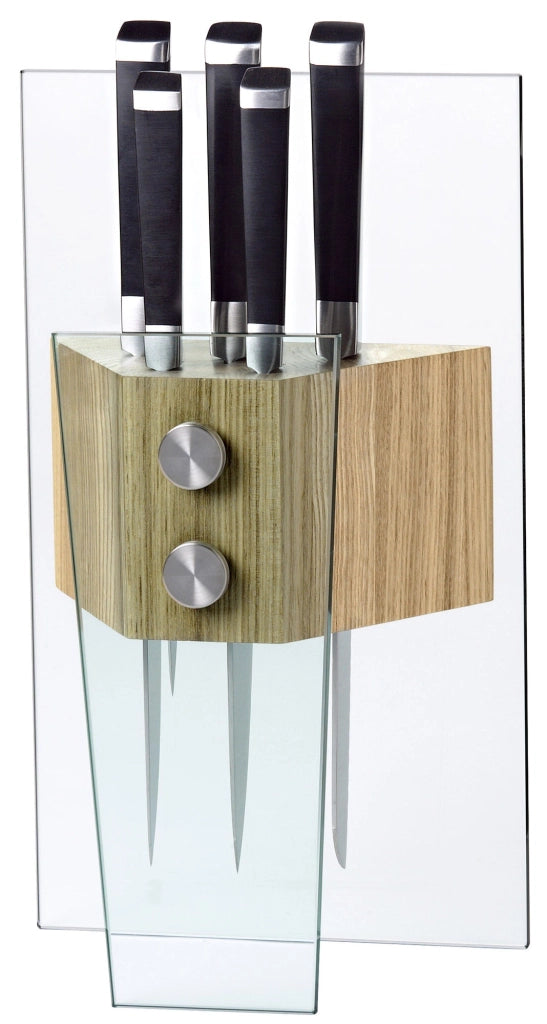 Ceppo in Vetro Temprato e Legno con 5 Coltelli Marte Alexander Crystal Smeraldo