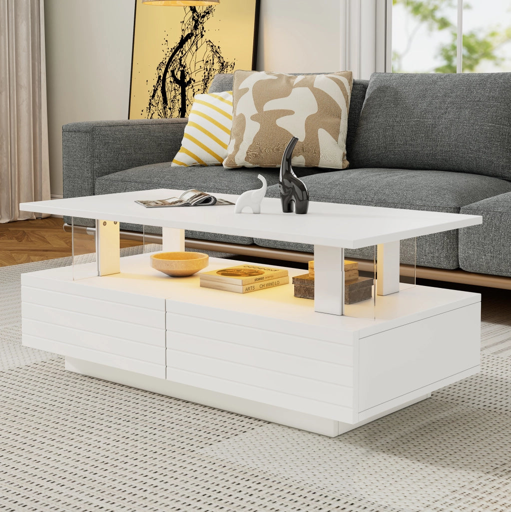Tavolino da caffè LED bianco 100×50×42 cm con 2 cassetti e ripiano
