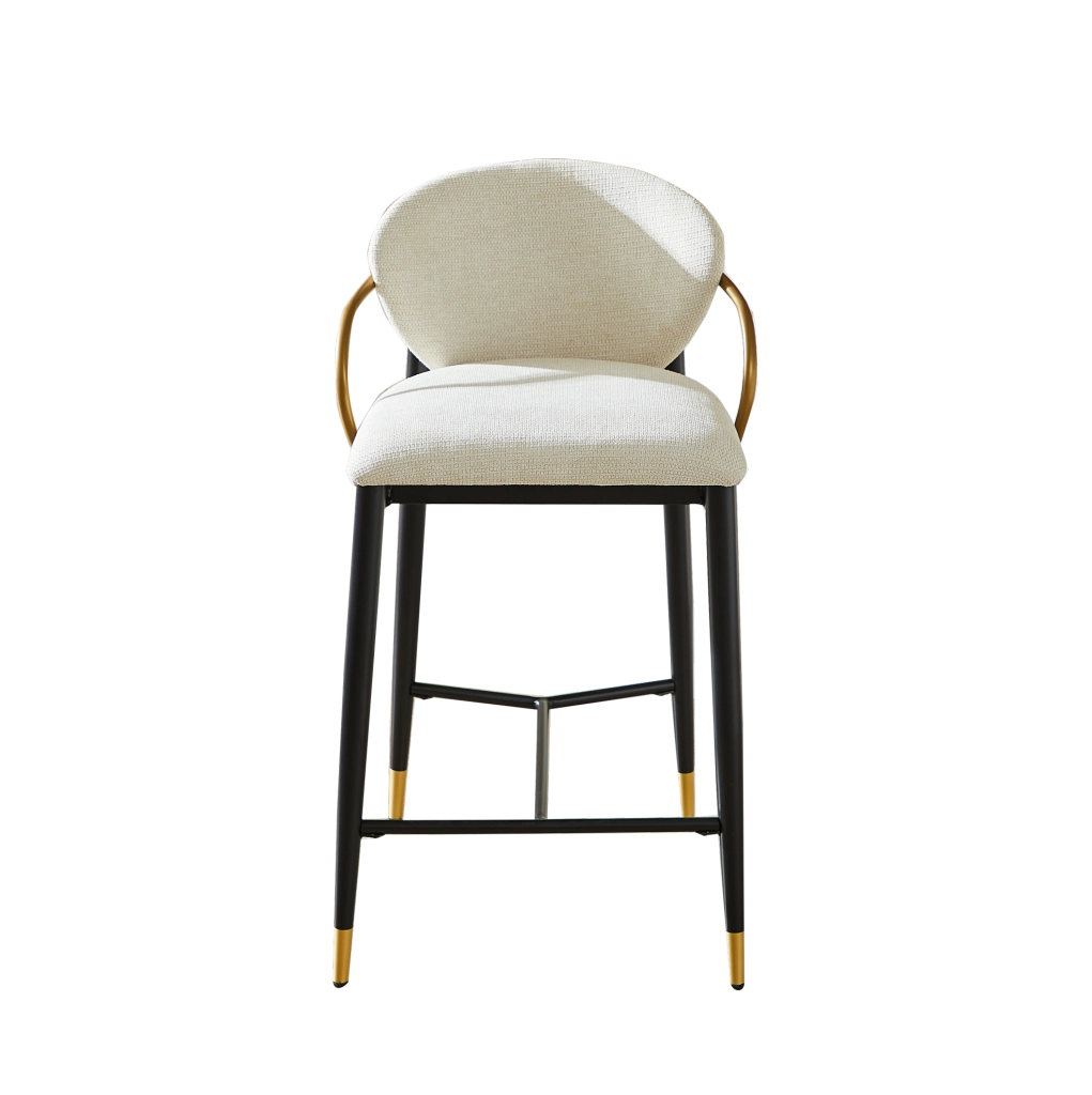 Sgabello da bar in ciniglia beige con struttura nero oro