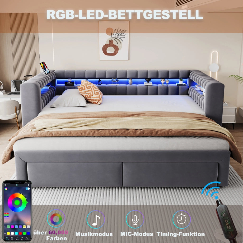 DESMIU Divano letto 90 × 190 cm 1 posto con cassetti, vani portaoggetti, LED, USB e Type-C, senza materasso, grigio