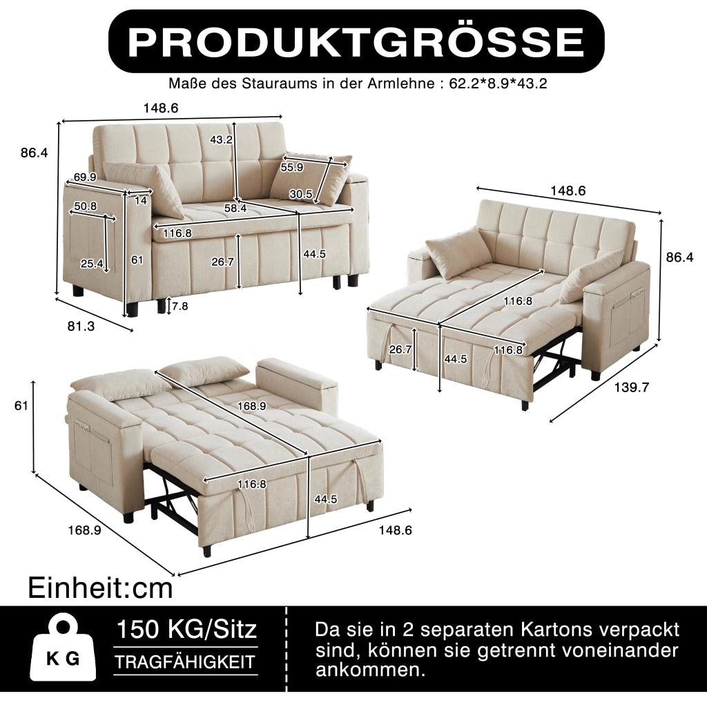 Divano letto convertibile 2 posti con vano nei braccioli e tasche laterali, struttura in metallo, ciniglia beige