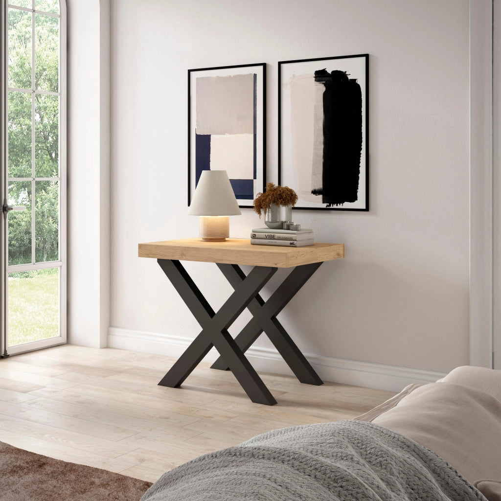 Consolle allungabile, 58 fino 140x90x73cm, Per 6 persone, Gambe in legno, colore Rovere RF2726