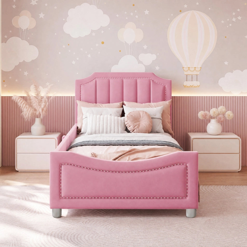 LETTO imbottito 90x200 cm in flanella rosa con testiera e pediera