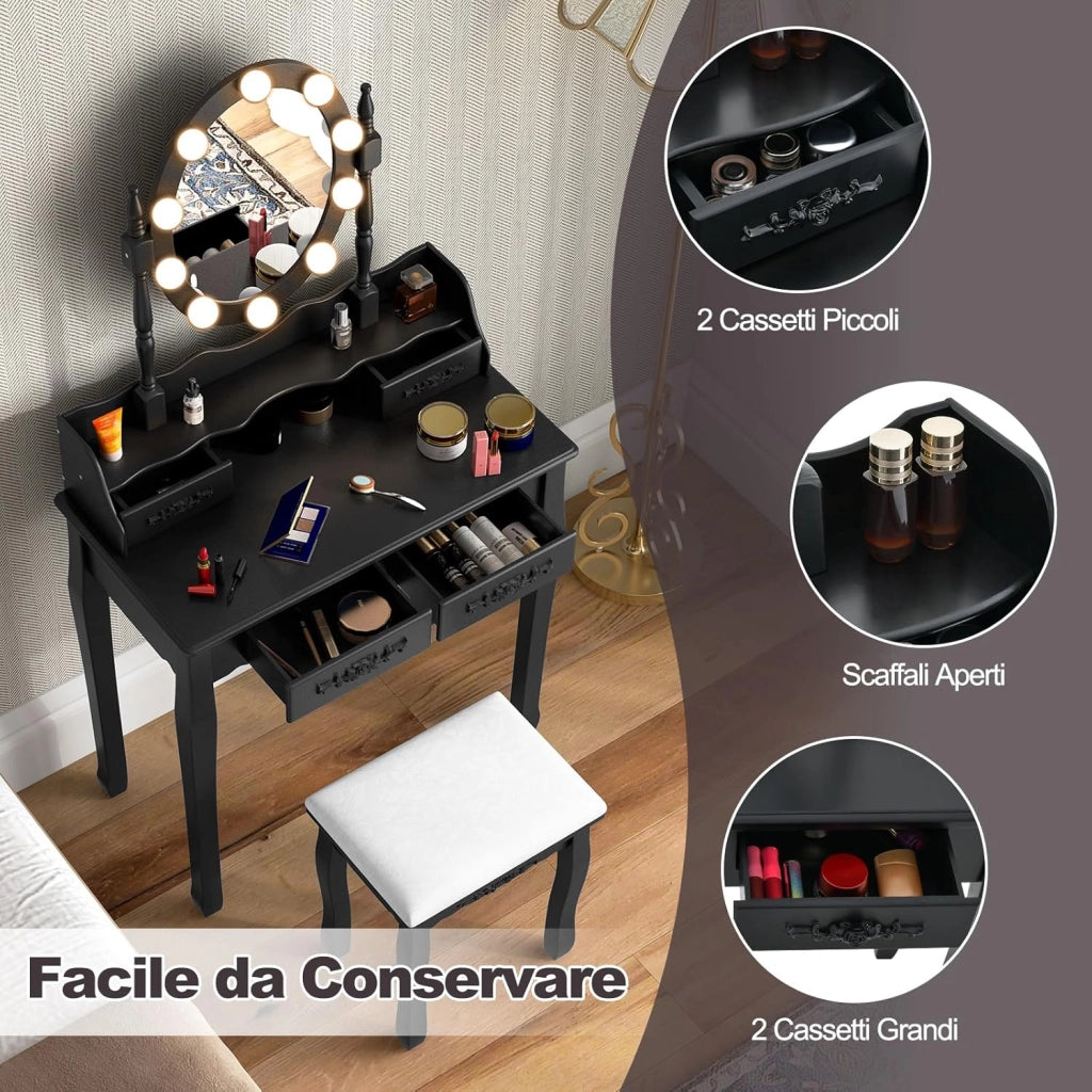 Toeletta Trucco con Specchio e 10 Luci LED, Luminosità Regolabile, Postazione Trucco con Sgabello Imbottito, Tavolo da Trucco Scrivania con 4 Cassetti Camera da Letto (Nero)