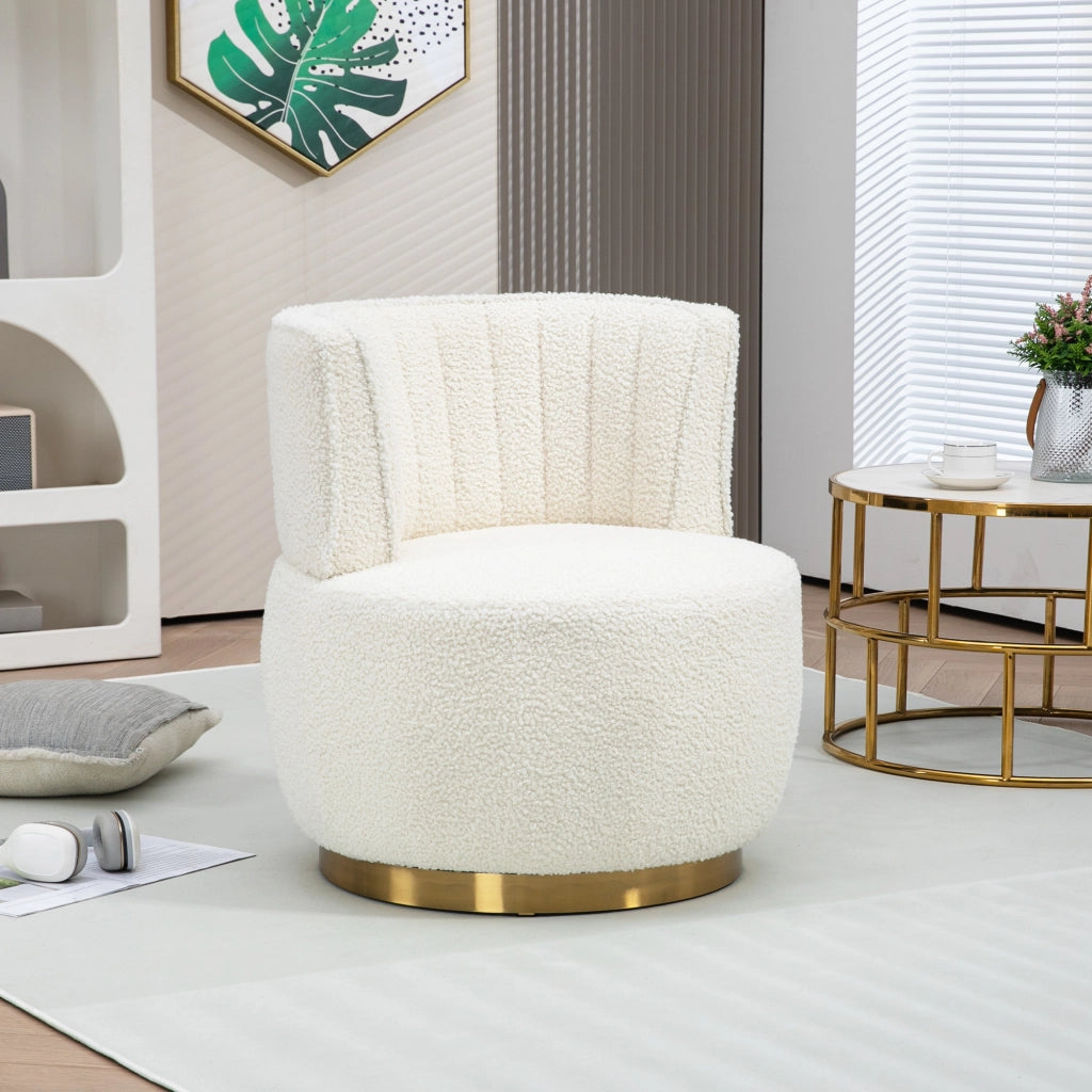 Poltrona girevole 360Â° con schienale ergonomico; seduta spessa e struttura in legno e metallo bianco