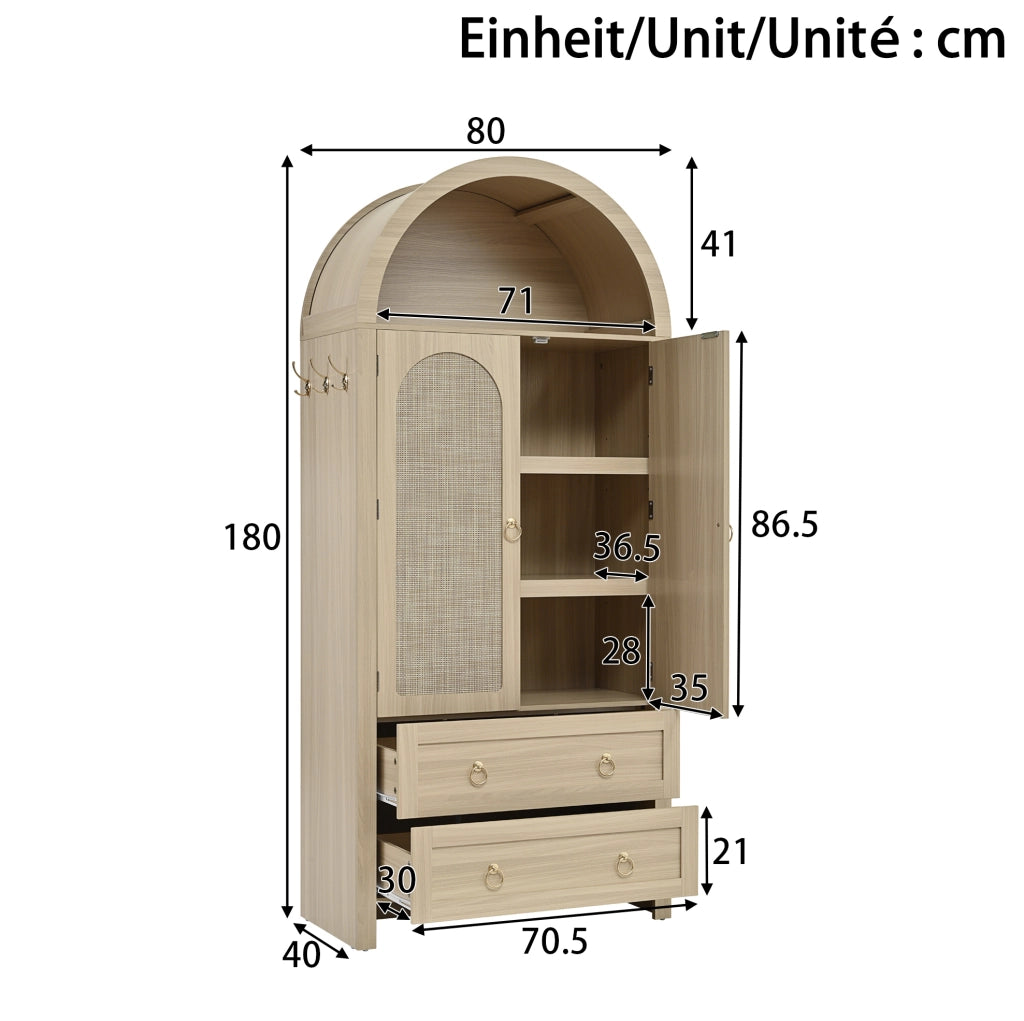 Sideboard 80x40x180 cm con ripiani aperti e doppi cassetti in MDF rovere