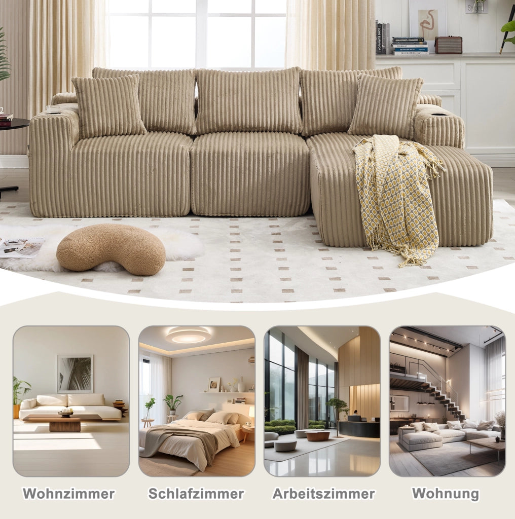 Divano modulare con chaise longue, 2 posti e 5 cuscini