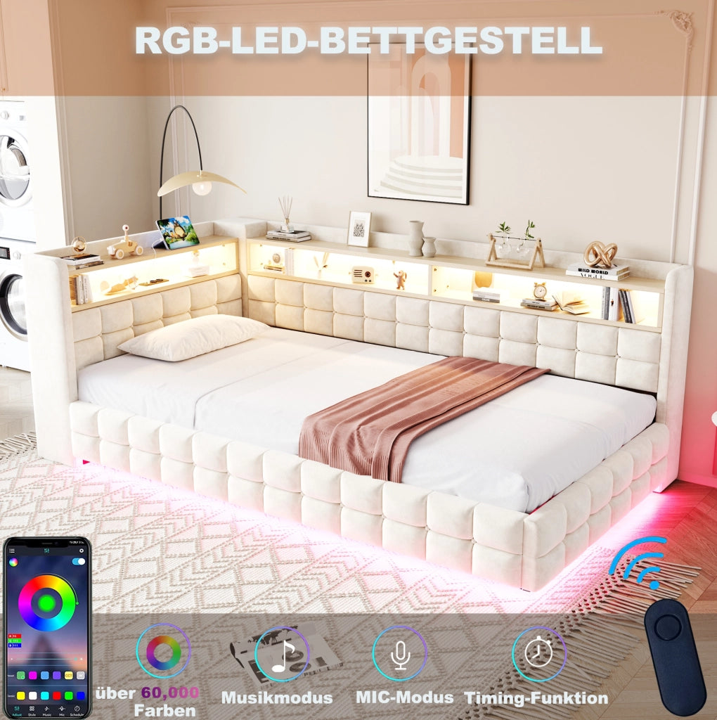 Divano letto imbottito 90x200 cm con LED, prese e contenitore