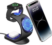 Caricatore Induttivo Senza Fili 3-in-1 con Alimentazione 20W per iPhone Pro Max 15/14/13/12 Apple Watch 1-8 AirPods Pro - Nero