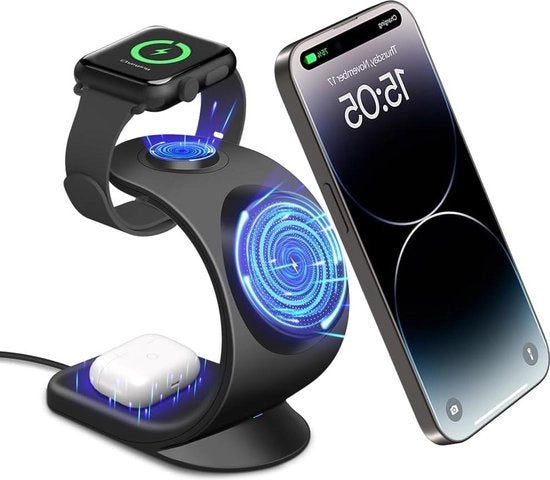Caricatore Induttivo Senza Fili 3-in-1 con Alimentazione 20W per iPhone Pro Max 15/14/13/12 Apple Watch 1-8 AirPods Pro - Nero