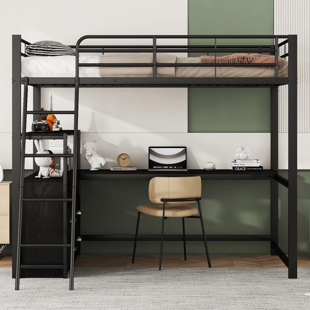 Letto a castello nero in metallo e MDF con scrivania a L e cassetti 140x200 cm