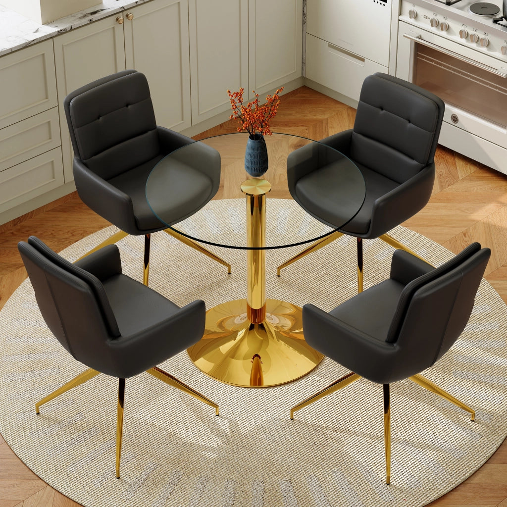 Tavolo da pranzo rotondo in vetro temperato con 4 sedie girevoli in PU nero e oro 85 cm