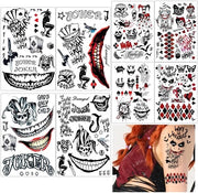 Tatuaggi temporanei - 8 foglie Halloween - Grandi/Medie tatuaggi - Clown spaventoso - Costumi e maschere - Accessori per trucco - Tatuaggi finti