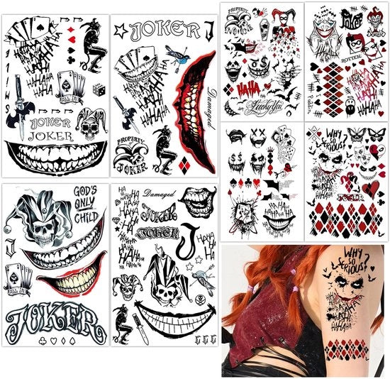 Tatuaggi temporanei - 8 foglie Halloween - Grandi/Medie tatuaggi - Clown spaventoso - Costumi e maschere - Accessori per trucco - Tatuaggi finti