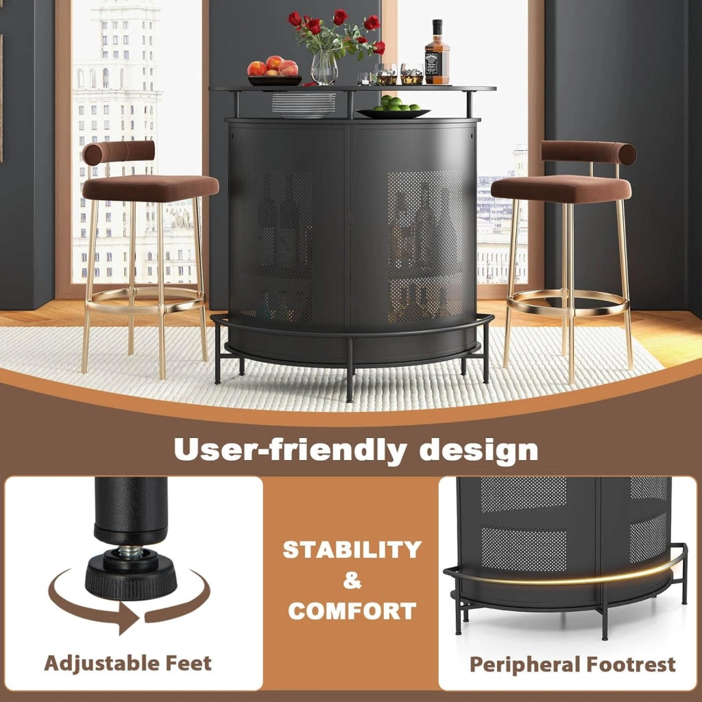 Tavolo da bar con 1 ripiano rialzato e 3 portabicchieri, tavolo da vino a 4 livelli, tavolo per bere, cucina, poggiapiedi in stile industriale, nero, 110,5 x 48 x 112,5 cm (semi-circolare)