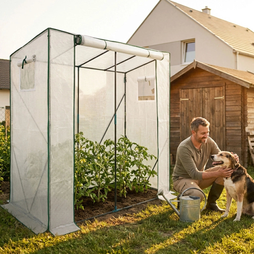 Serra da giardino a casetta con struttura in metallo e telo in PE 1 porta 2 finestre Bianco 202x80x170 cm