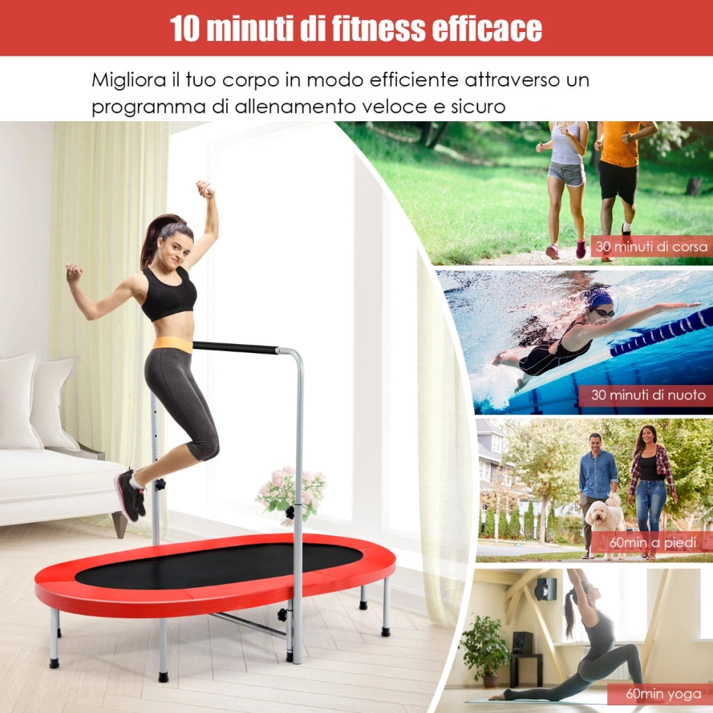 Trampolino doppio per 2 persone con maniglia e cuscinetto, Trampolino ovale pieghevole per bambini e adulti Rosso