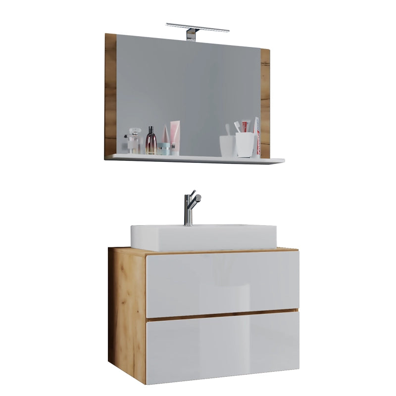 Luce Mobile Sospeso con 2 cassetti Large con lavabo in ceramica di alta qualità e specchio, Rovere/Bianco , lavabo Bianco