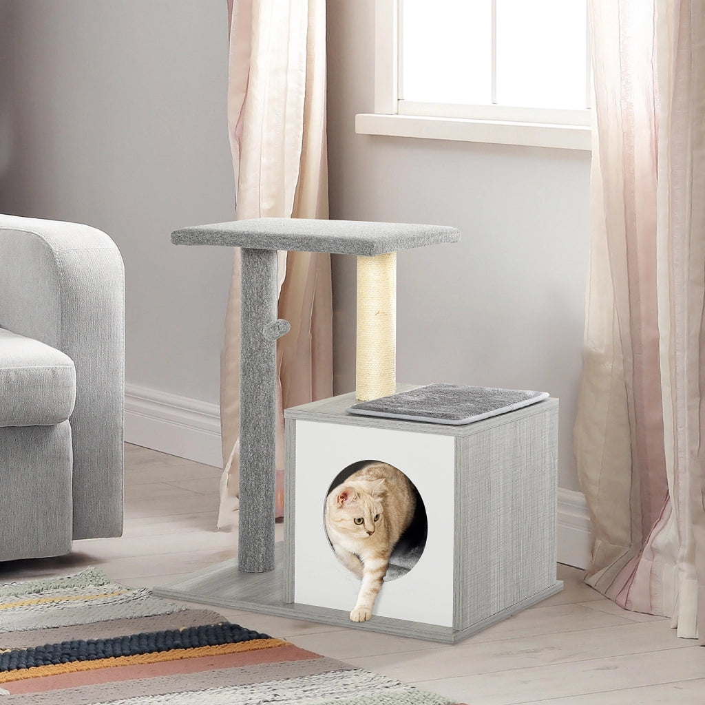 Albero Tiragraffi per Gatti con Cuccia e Colonna in Corda Sisal ¨C Minimal ¨C Grigio 59x39x62cm
