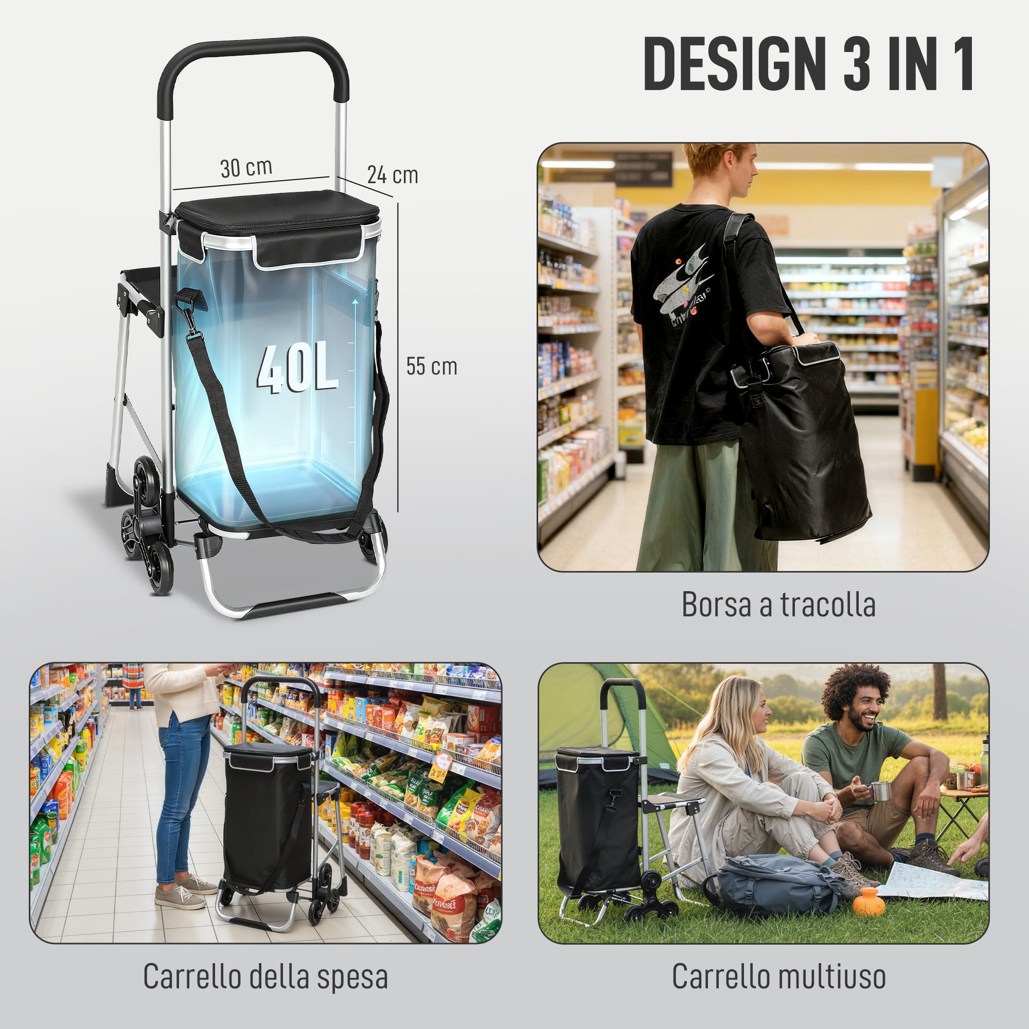 Carrello della Spesa 46x59.5x97 cm con Borsa da 40L Impermeabile e Sedile in Alluminio Nero e Argento