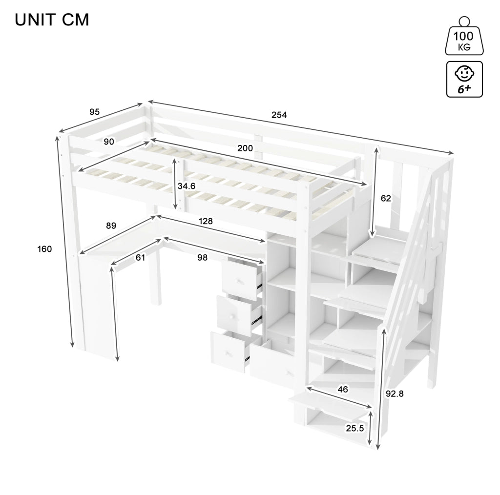 Letto a soppalco per bambini 90x200 cm con scrivania bianco