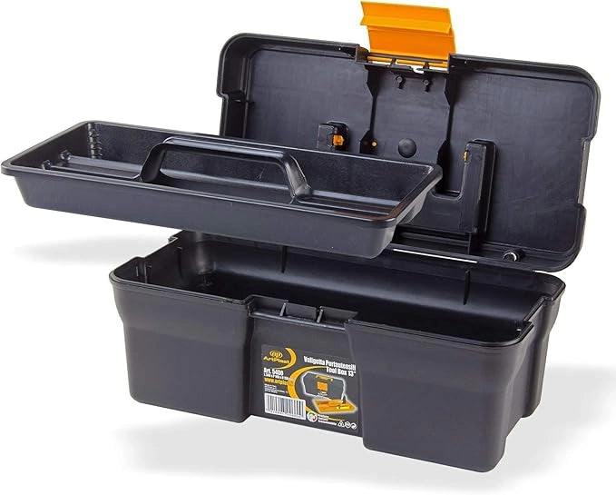 Valigetta portautensili 13"  L 340 x P 180 x H 150 mm in polipropilene, con vassoio interno, coperchio con cerniere.
