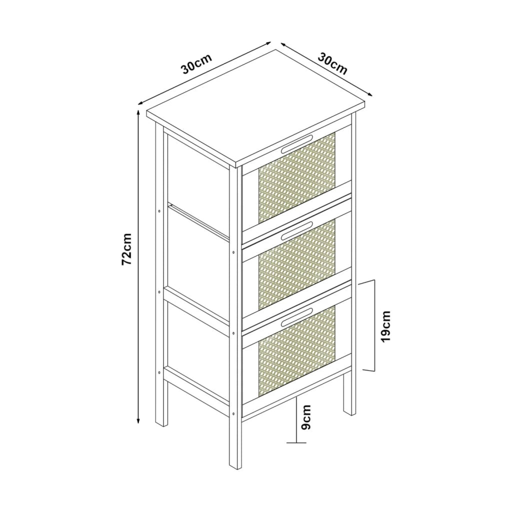 Pratica cassettiera per ingresso soggiorno o camera da letto con 3 cassetti 72 x 30 x 30 cm effetto rattan nero naturale 03_0009313
