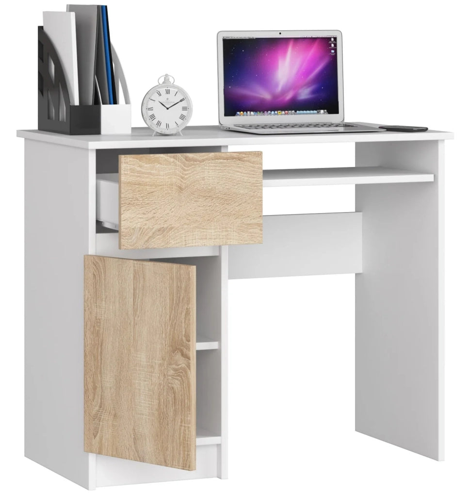 Scrivania per computer AKORD PIKSEL Bianco 90 cm 1 anta 1 cassetto inserto frontale Sonoma Quercia 90x50x77 cm Modello a sinistra