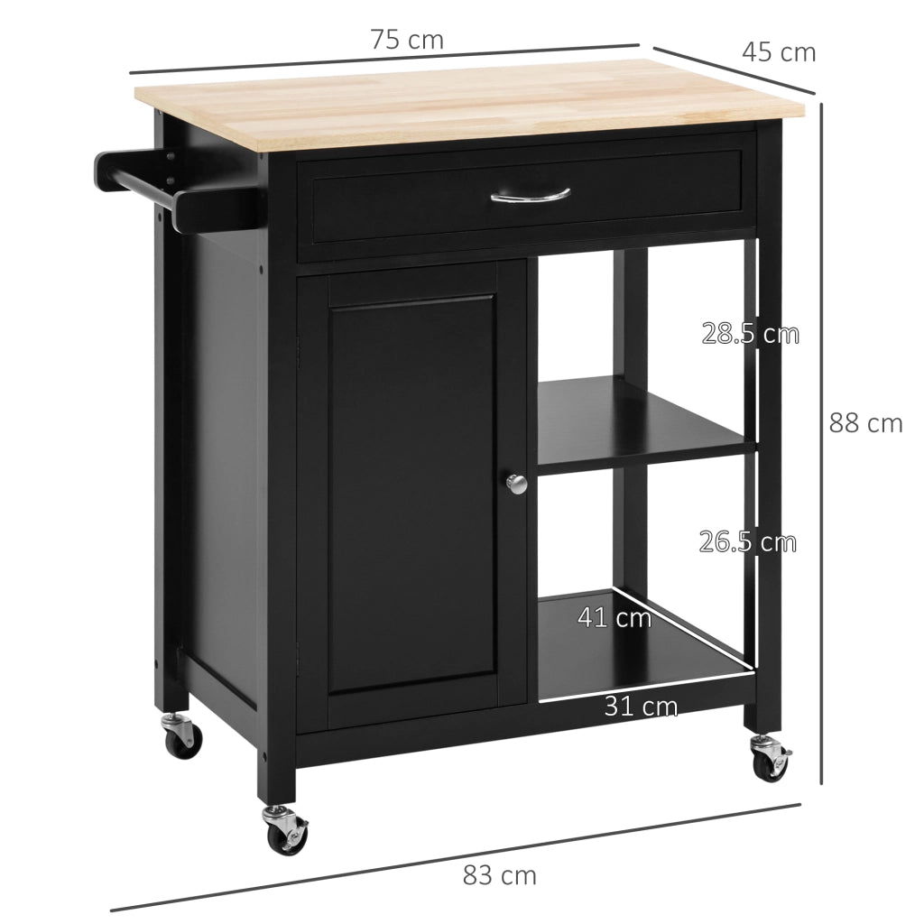 Carrello da Cucina in Legno con Cassetto, Armadietto e Ruote, 83x45x88cm, Nero