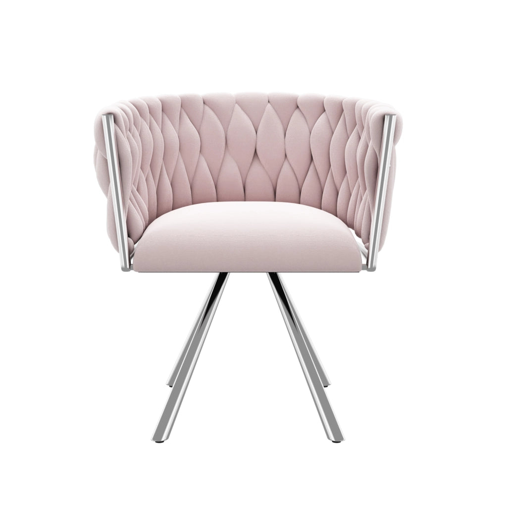 Sedia girevole in velluto rosa con schienale ergonomico e struttura in metallo