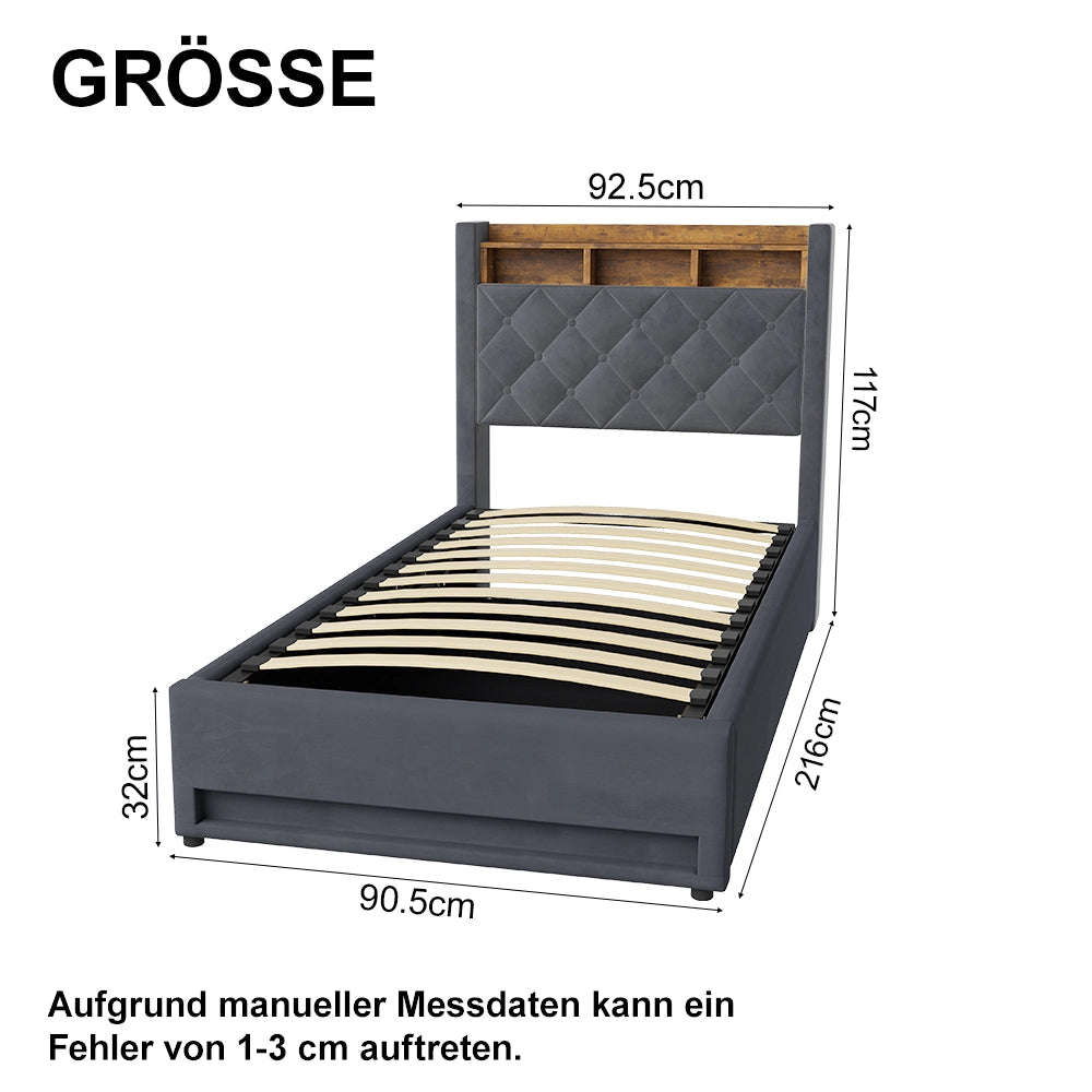 LETTO Imbottito 90 x 200 cm in Velluto Grigio con LED, USB e Contenitore