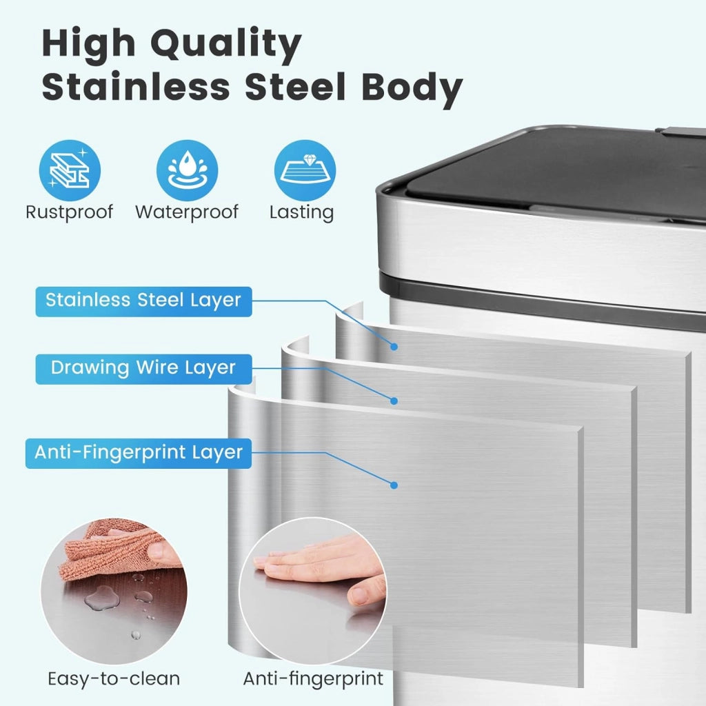 Pattumiera da 72 l, 4 scomparti, con sensore di movimento, pattumiera da cucina in acciaio inox, pattumiera a pedale con coperchio delicatamente chiuso e rimane aperto, cestino per la cucina