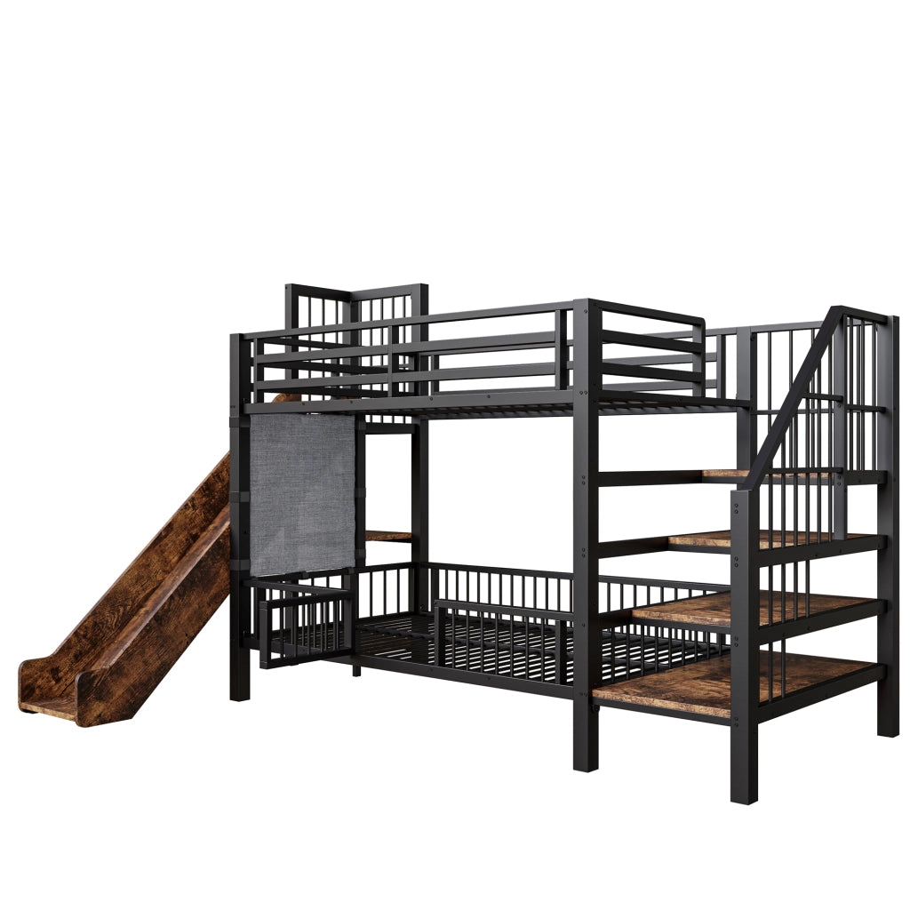 LETTO a soppalco 90x200 cm in metallo nero con scivolo e scala contenitore