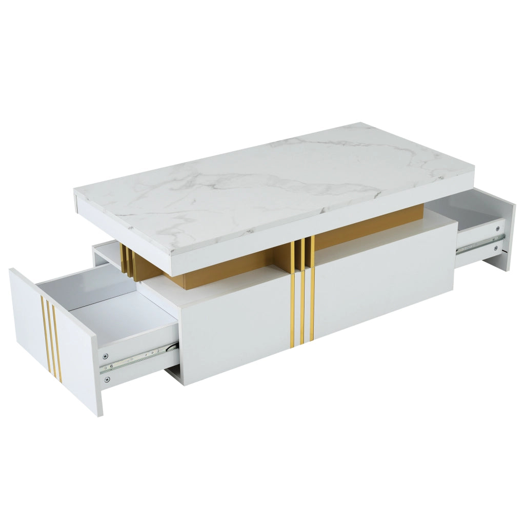 Tavolino da caffè rettangolare con 2 cassetti; piano lucido effetto marmo e bordo laterale in metallo; bianco 100 × 50 × 40 cm