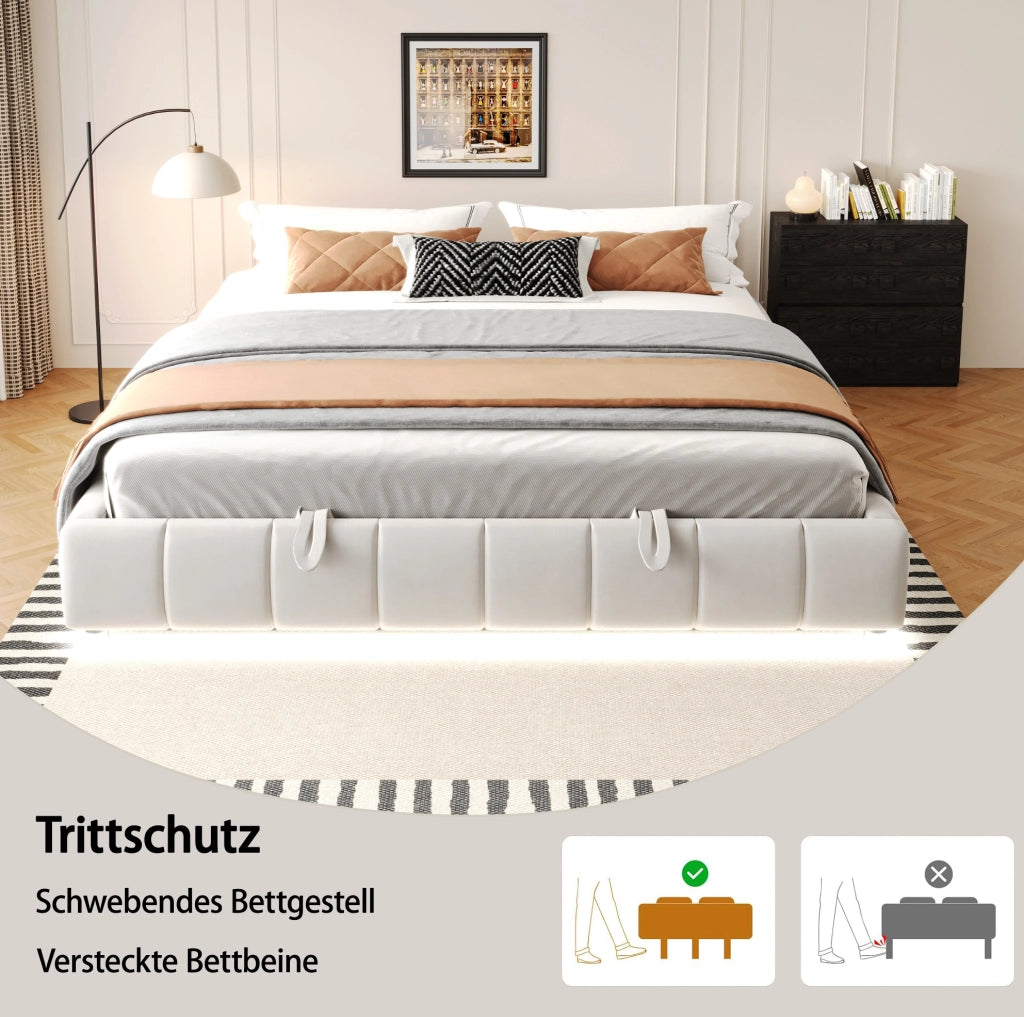 Letto imbottito 180x200 cm con contenitore idraulico e LED