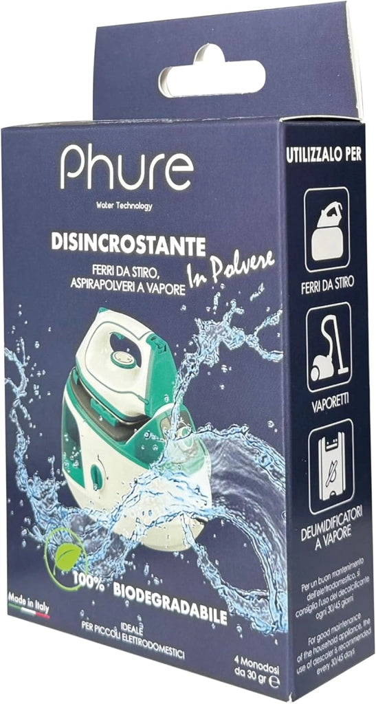 PHURE Decalcificante per Ferri da stiro, Aspirapolveri, Deumidificatori in Polvere Monodose, piccoli elettrodomestici, compatibile con tutte le marche 100% Biodegradabile, ECO Made in Italy, 4 Lavaggi