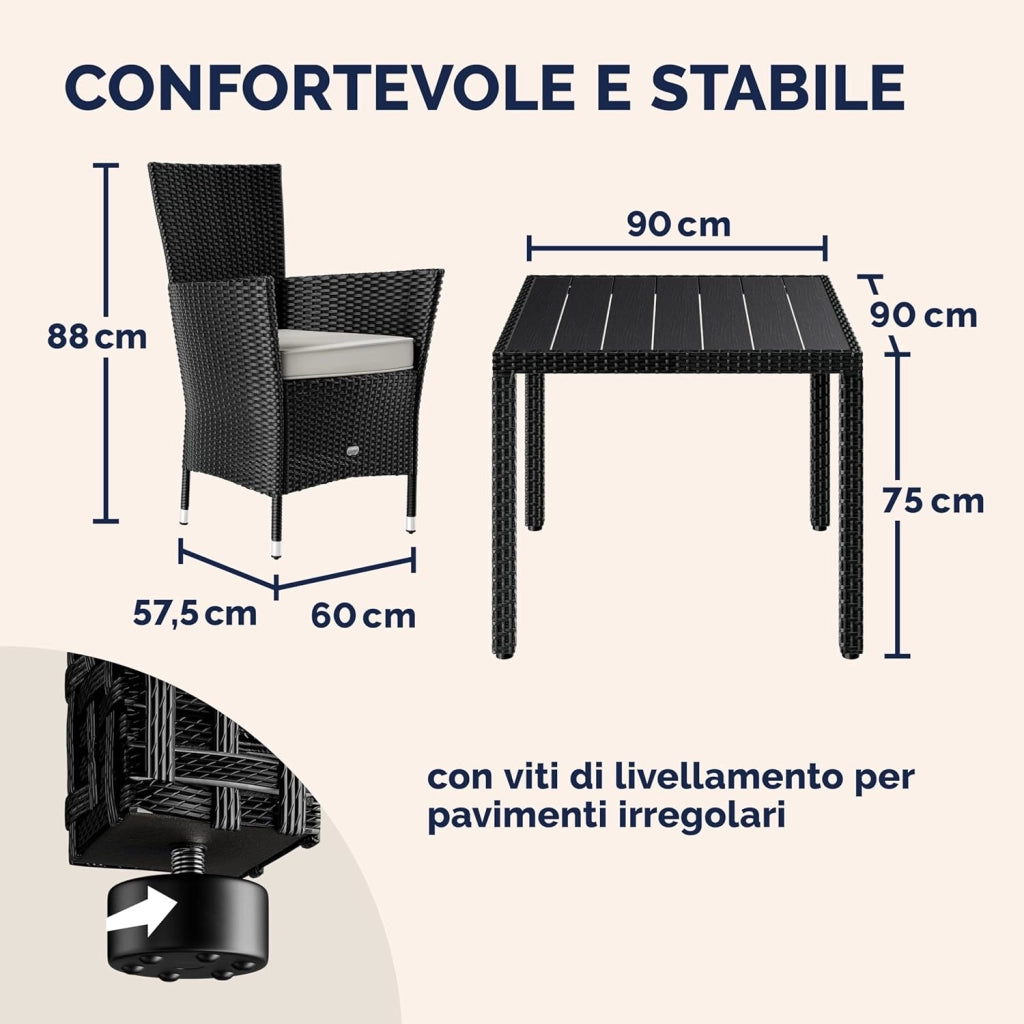 ® Mobili da Giardino in Polyrattan 4 Sedie Impilabili Tavolo 90x90cm in WPC Legno Resistente Terrazzo Balcone Set da Pranzo per Esterno Nero