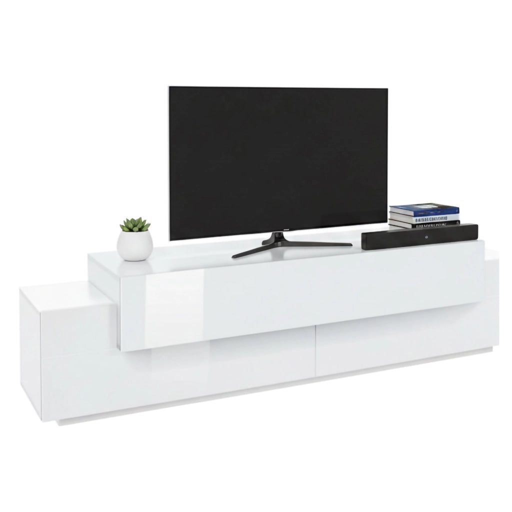 Mobile porta TV Arold, Credenza bassa da soggiorno, Base porta TV, 100% Made in Italy, cm 200x45h52, Bianco lucido
