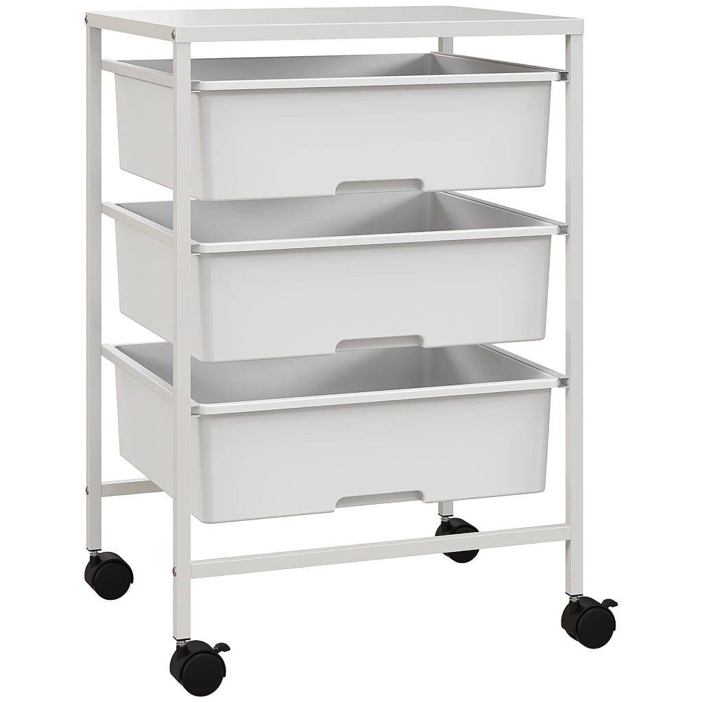 Carrello Multiuso con 3 Cestini Estraibili e Ruote per Cucina e Ufficio in Acciaio e PP, Bianco