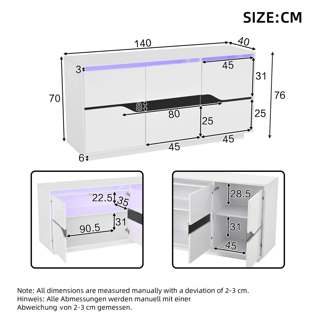 Credenza con 3 ante; ripiani regolabili e LED - per soggiorno - 140×40×70 cm - bianco e nero