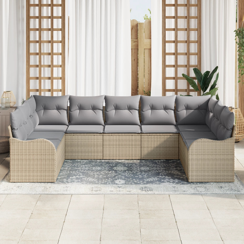 Set Divano da Giardino 9 Pezzi con Cuscini Beige in Rattan Polietilene