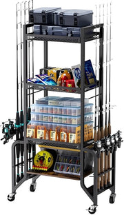 Sostegno per canne da pesca 4 strati - Sostegno per canne da pesca con ruote - 10 canne da pesca - Garage/box - Movimento semplice - 2 ruote con freni - Appoggio per canne da pesca