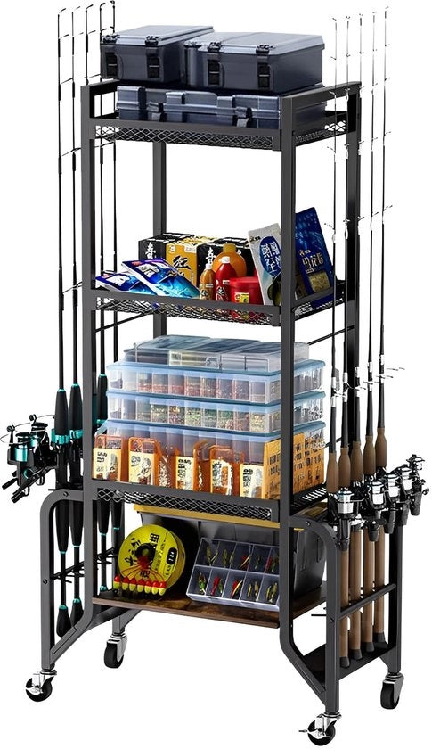 Sostegno per canne da pesca 4 strati - Sostegno per canne da pesca con ruote - 10 canne da pesca - Garage/box - Movimento semplice - 2 ruote con freni - Appoggio per canne da pesca